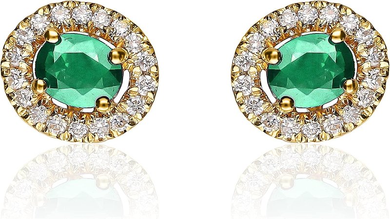 Gin & Grace14K Yellow Gold Natural Zambian Emerald Earrings with Natural Diamonds for women | Ethically, authentically & organically sourced Oval-cut Emerald hand-crafted jewelry for her | Emerald Earrings for women