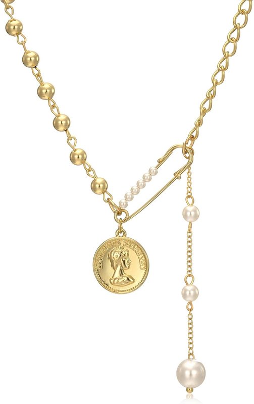 KVLmoze Y2K Necklace Coin Pendant Layered Necklace 18K Gold Plated Ball Splicing Chain Paper Clip Pearl Drop Fashion Y2k Choker Jewelry for Women Girl