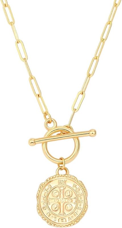 SOFYBJA Saint Benedict Medals Necklace Owl Drop 18K Gold Toggle Medallion Coin Cross Pendant Necklaces Evil Protection Religious Jewelry Catholic Gifts for Men Women