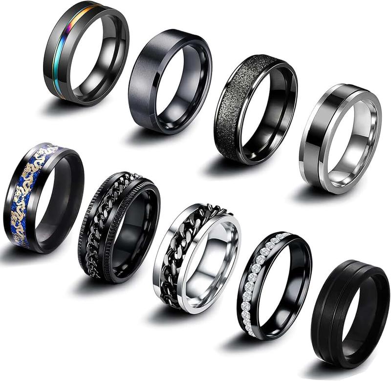 EIELO 9Pcs Stainless Steel Band Rings for Men Women Cool Fidget Spinning Chain Ring Anxiety Relief Fashion Simple Wedding Engagement Black Ring Set