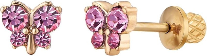 Regetta Jewelry Earrings For Girls, 18k Gold Plated Butterfly Hypoallergenic Earrings for Girls, Stud Screw On Safety Backs, Stainless Steel Ultra Sensitive Ears Post For Kids, Toddlers, Little Girls, Teens