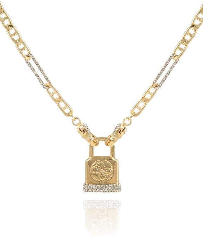 GUESS Womens Gold-Tone Chain Necklace Logo Padlock Pendant, one Size, Metal, Cubic Zirconia