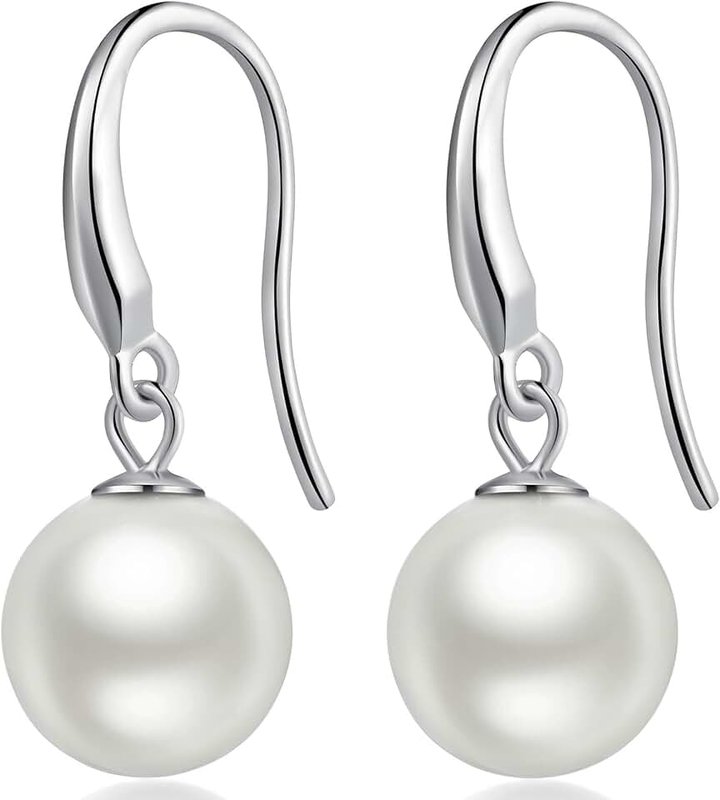 jiamiaoi 18 Carat White Gold Plated Pearl Earrings Silver 925 Hanging Pearl Earrings Women's Pearl Earrings Silver Hanging Pearl Earrings Hoop Earrings with Pearl 10 mm Silver Earrings Pearl