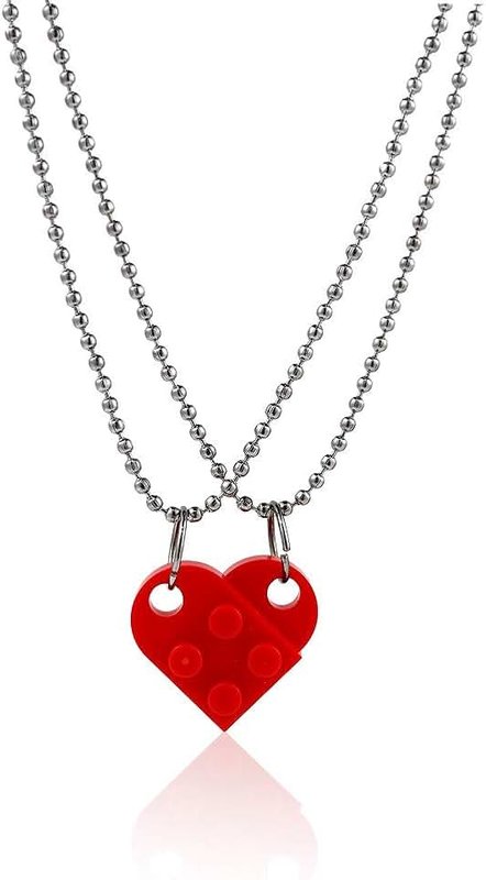Pingyongchang Couples Colorful Brick Heart Pendant Shaped Necklace for Friendship 2 Two Piece Keychain Puzzle Jewelry Set Made with Elements Best Friend Valentine's Day Gift