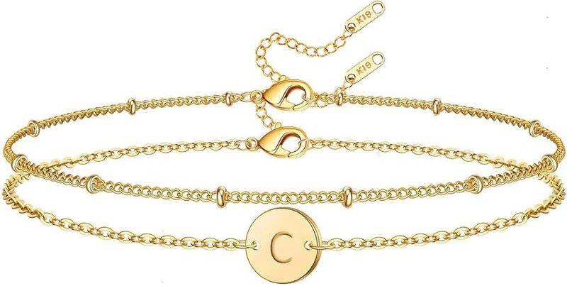 Glimmerst Initial Bracelet for Women, 18K Gold Plated Stainless Steel Layered Coin Letter Bracelet Beaded Chain Personalized Name Bracelet for Girls