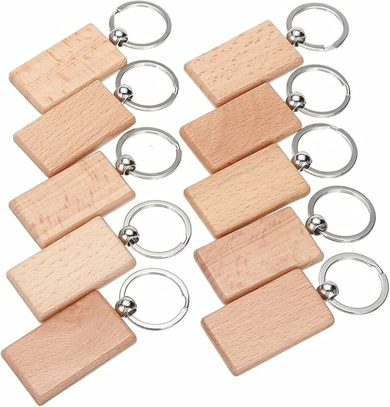 lehom Wooden Key Chain, 10 Pack Blank Wood Keychain with Metal Key Ring Personalized Wood Key Rings Key Tags Rectangle Key Chain for DIY Craft