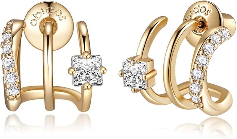 Obidos 14K Gold Plated Illusion Stud Earrings for Women | Triple Huggie Hoop Earrings for One Hole