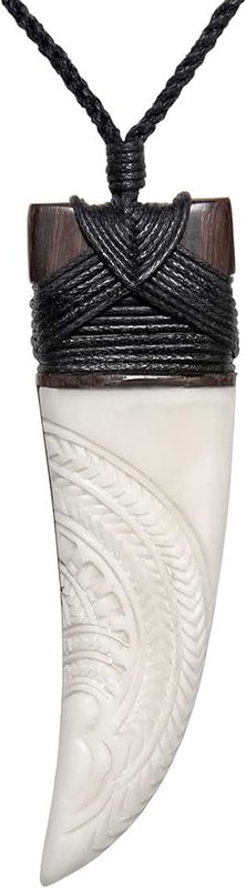 81stgeneration Hand-Carved Bone and Wood Long Niho Shark Tooth Pendant with Tribal Pattern Engraving - Men's Surfer Cord Necklace - Handmade Maori-Style Jewellery for Women - Wooden Talisman