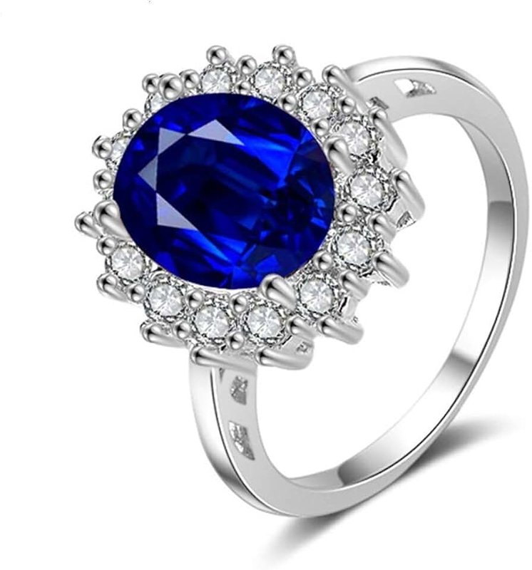 FZO Princess Diana Kate Middleton Class Gemstone Birthstone Sapphire Red Halo AAA Cubic Zirconia Statement Engagement Rings for Women, Anniversary 925 Sterling Silver Promise Rings for Her