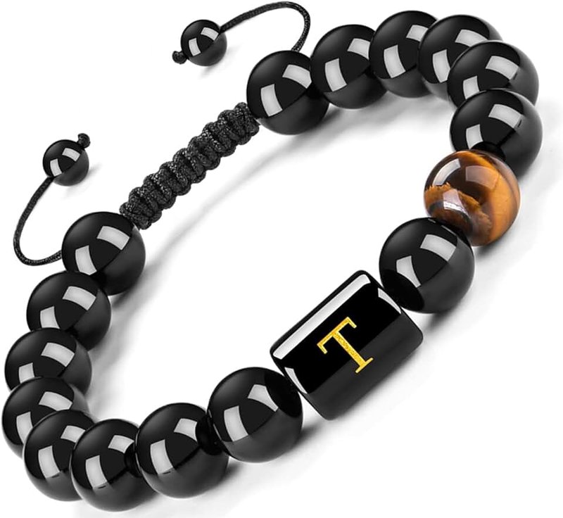 FRG Initials Bracelets for Men Letter Link Handmade Natural Black Onyx Tiger Eye Stone Beads Braided Rope Meaningful Bracelet