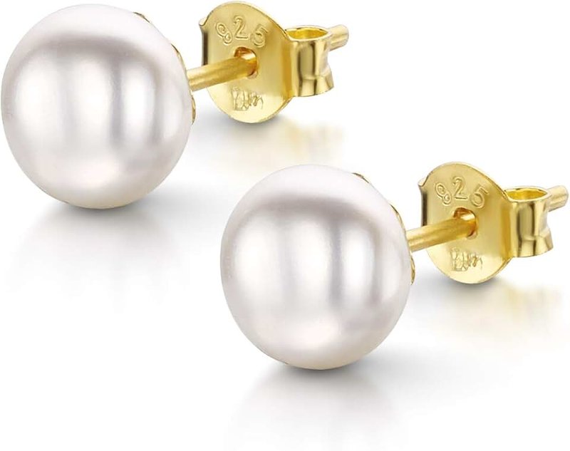 Amberta Women's 925 Sterling Silver Freshwater Pearl Stud Earrings