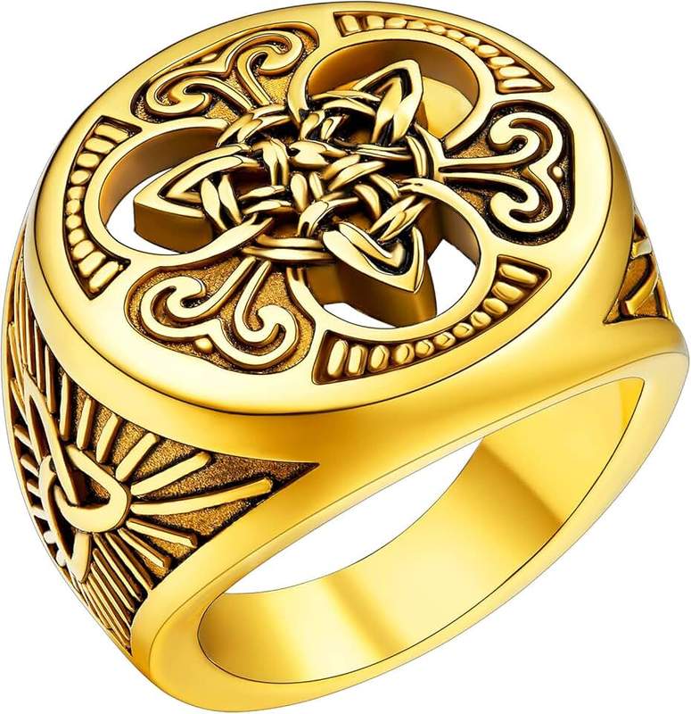 FaithHeart Can Engrave Stainless Steel/18K Gold Plated Pentacle Signet Ring for Men with Pentagram Tribal/Triple Celtic Knot Designs (Delicate Packaging)
