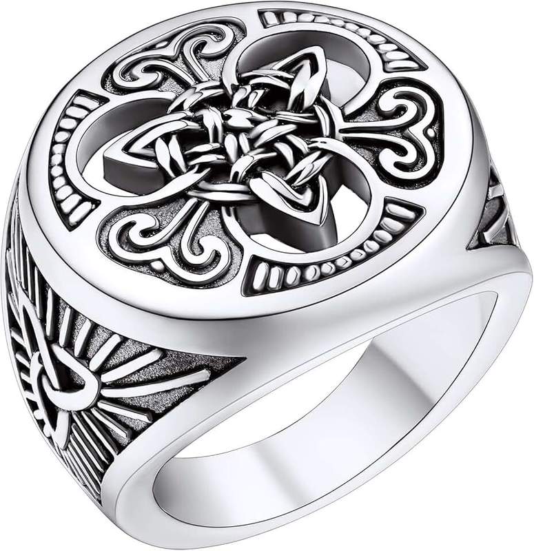 FaithHeart Can Engrave Stainless Steel/18K Gold Plated Pentacle Signet Ring for Men with Pentagram Tribal/Triple Celtic Knot Designs (Delicate Packaging)