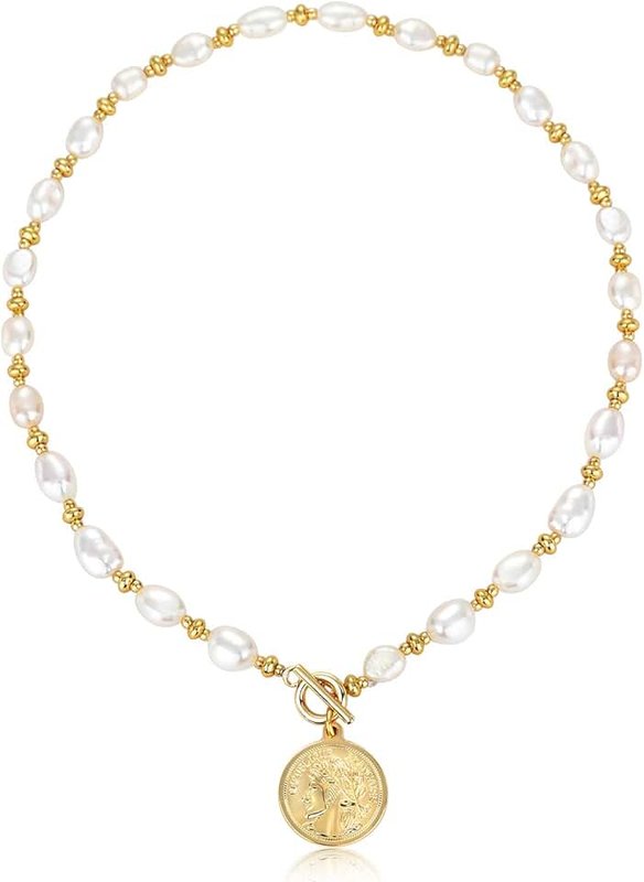 KVLmoze Paper Clip Pearl Choker Necklace 18k Gold Plated Chunky Chain 10mm Cultured Handpicked Pearl Vintage Stylish Necklace for Women Girls