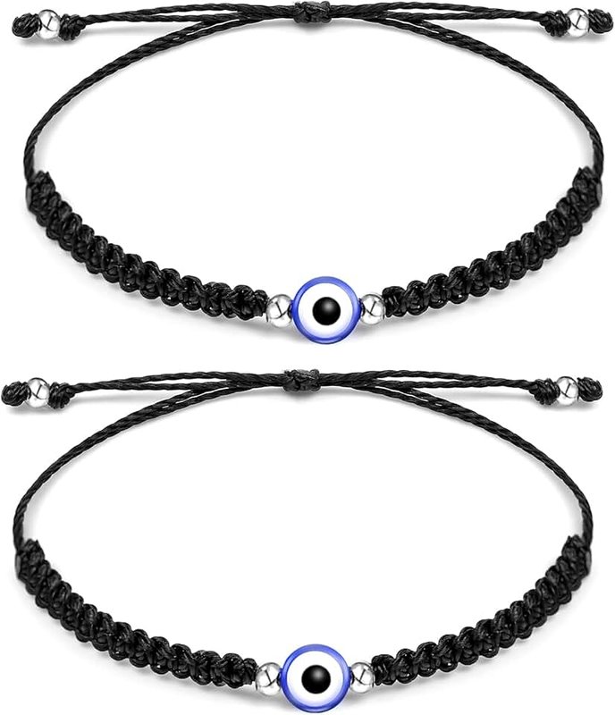 Jewanfix Evil Eye String Bracelets Handmade Black String Evil Eye Bracelet for Women Men Teen Girls Boys 2pcs
