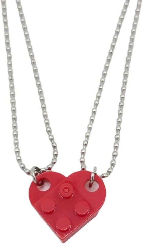 COLORFUL BLING 2Pcs Brick Love Heart Shaped Pendant Necklace Set Elements for Couples Lovers Matching Building Block Bricks Kits Him Her Creative Friendship Valentine's Day BFF Jewelry