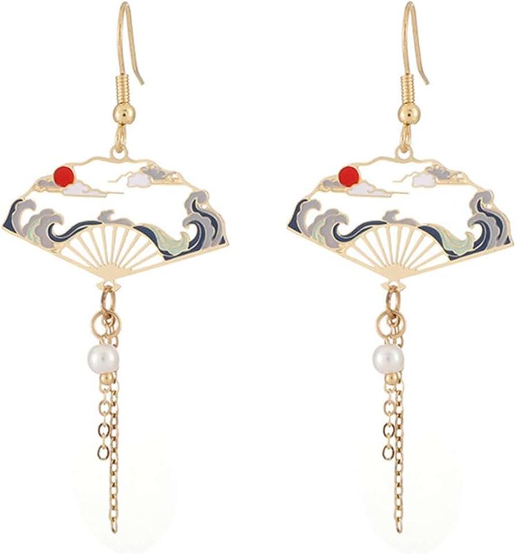 GBAHFY Chinese style Folding Fan Modeling Crane cloud Hanging Dangle National Style Earrings for Women Hollow asymmetric Metal Jewelry