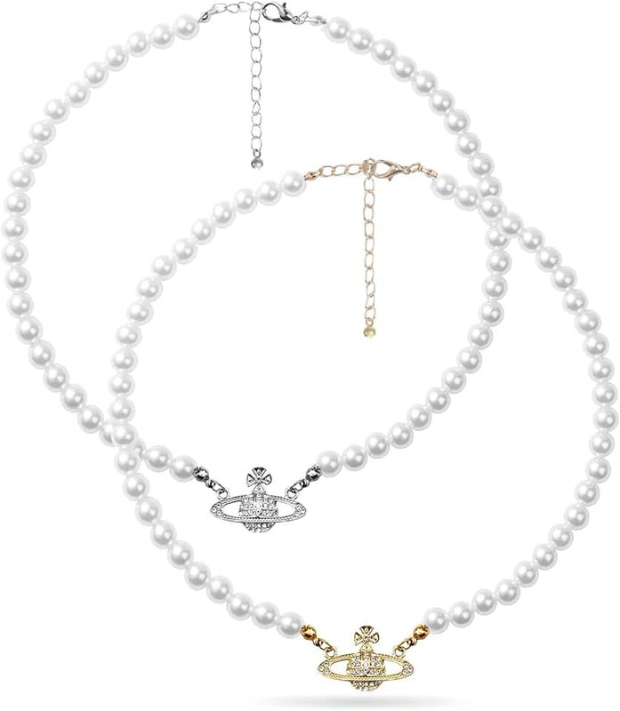 Aelflane 2PCS Pearl Necklace Set, Artificial Pearl Necklace, Pearl Choker Necklace Charm Lady Girlfriend Wedding Birthday Anniversary