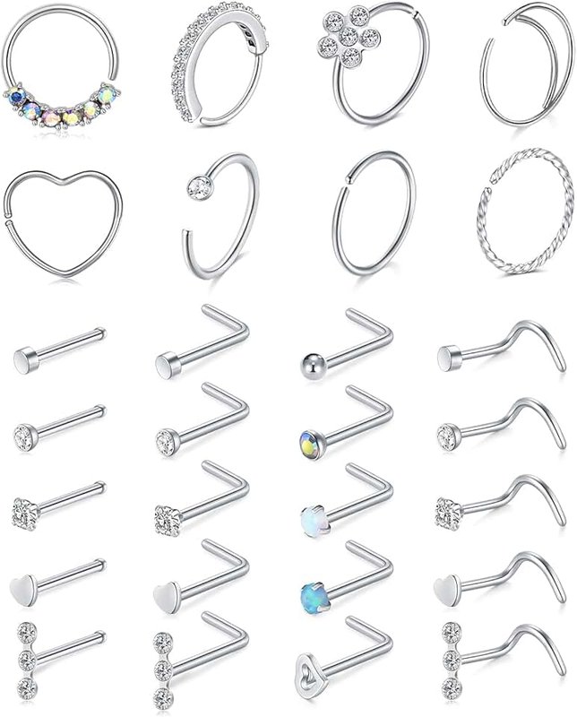 Mayhoop 20g Stainless Steel Nose Rings Hoop L Shape Nose Studs Nose Screw Bone Silver Rose Gold Black Rainbow Pack for Women Men 28Pcs