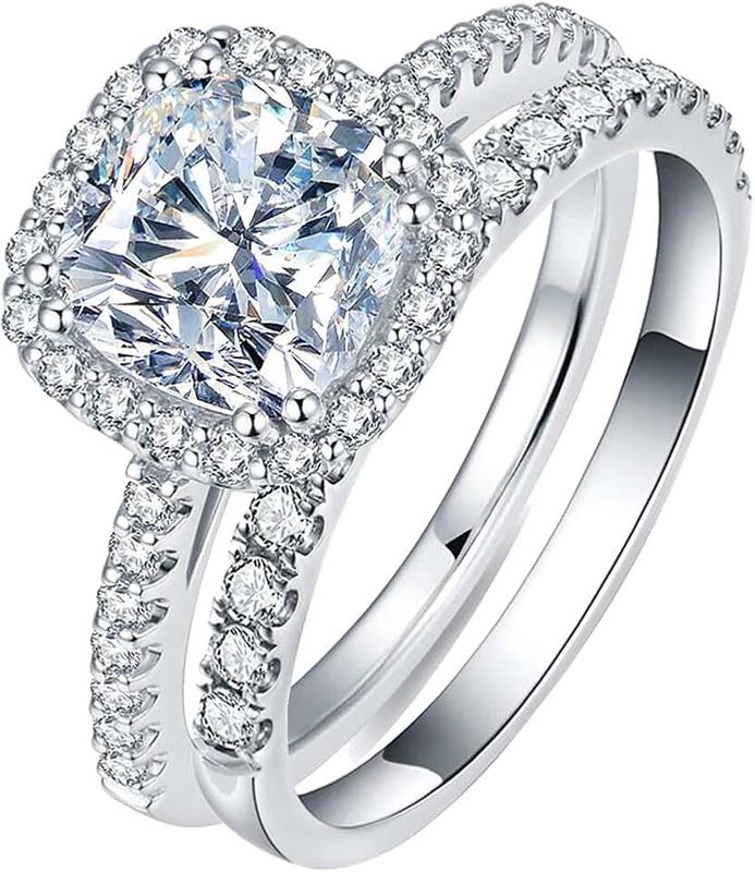 FLYYQMIAO FLYYQMIAO Classic 1.5CT 925 Silver Bridal Rings Sets Inlaid Imitation Diamonds Cubic Zirconia Halo CZ Engagements Rings Wedding Bands Birthday Gift for Women and Girl