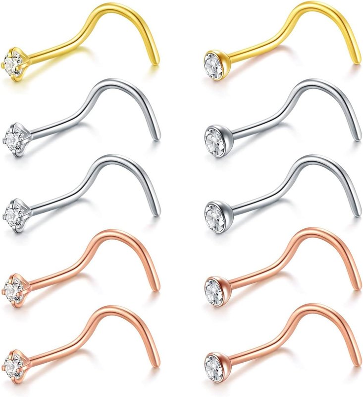 Briana Williams Nose Rings 10Pcs 20G Nose Screw Rings Studs Surgical Steel Nose Piercing Jewelry 2mm Clear CZ Nostril Piercing Jewelry