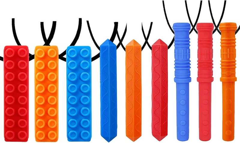 Sensory Chew Necklace by GNAWRISHING 9-Pack(3-Pack Blocks 3-Pack Cylinder and 3-Pack Rhombus Blocks) - Perfect for Autistic, ADHD, SPD, Occral Motor Boys and Girls (Tough, Long-Lasting), 3 Count (Pack of 3)