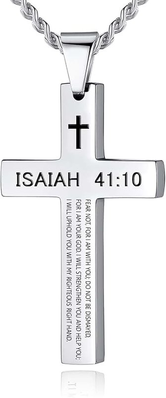 REVEMCN Inspirational Bible Verse Cross Necklace for Men Boys, Stainless Steel Plain Black Silver Cross Pendant Necklace for Men 20-24 Inches Curb Chain Faith Jewelry Gift