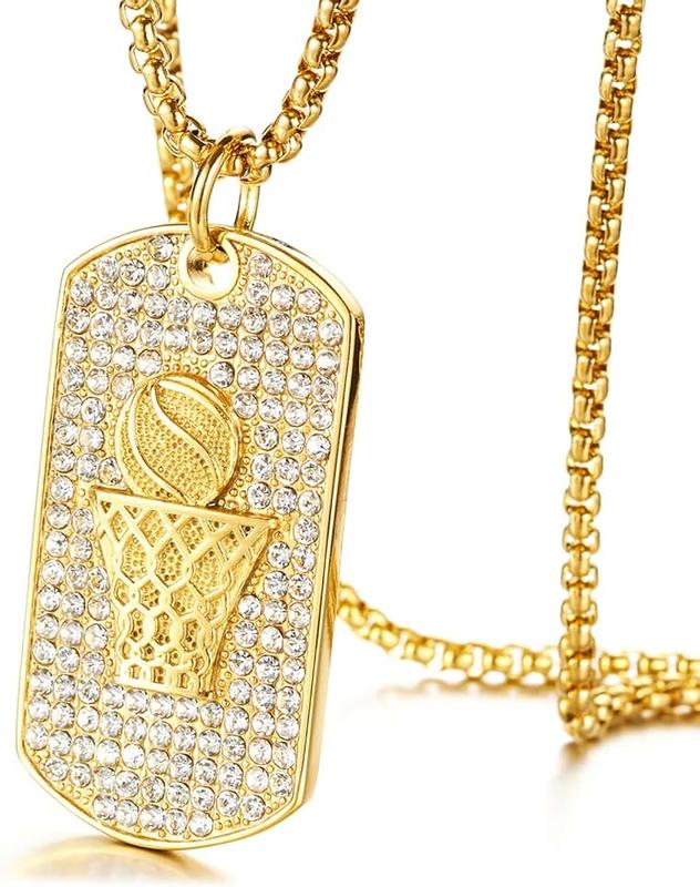 PEAS 18K Gold Plated Jewelry Basketball Hoop Dog Tag Pendant Iced Out Crystal Necklace,22" Box Chain