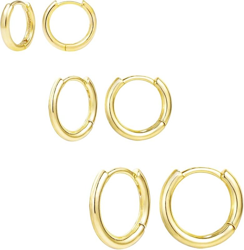 ALEXCRAFT Gold Hoop Earrings for Women, 3 Pairs S925 14K Gold Plated Huggie Earring with Diamond Small Cartilage Sleepers Hypoallergenic Earrings Set for Multiple Piercing Women Girls Mens