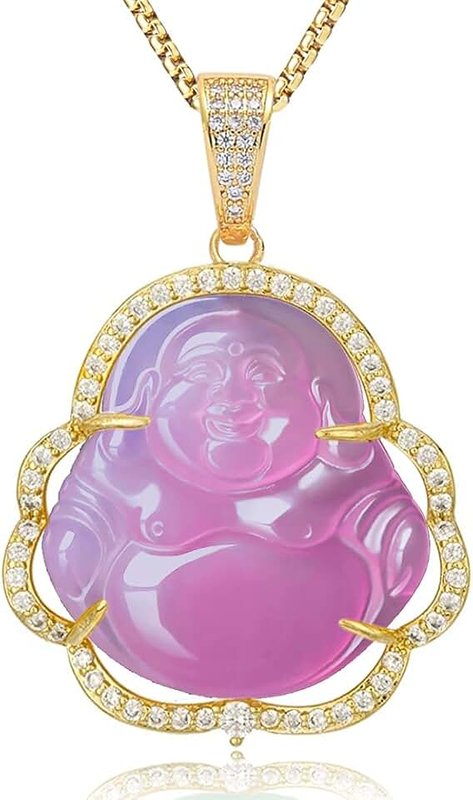 ASGIFT Laughing Buddha Necklace Jade Buddha Pendant with 18k Gold Plated Chain Lucky Buddah Neckless for Women Men