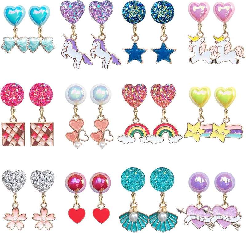 ELEMIRSA 12 Pairs Clip On Earrings Girl Party Favor Princess Clip on Earrings Pretend Play Unicorn Earrings for Little Girl Kids Toddlers Jewelry Set, One Size, Metal, resin