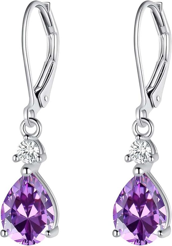 VOLUKA 925 Sterling Silver Blue Topaz/Amethyst/Rainbow Quartz CZ Teardrop Leverback Earrings Drop Dangly Gemstone Earings Hypoallergenic Birthday Jewelry Gifts for Women Girls