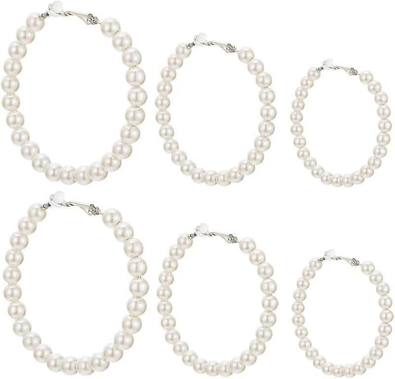 TONLUYAX 3 Pairs Pearl Hoop Clip On Earrings Non Pierced Earrings for Women Pearl Clip Earrings for 30 MM, 40 MM, 50 MM