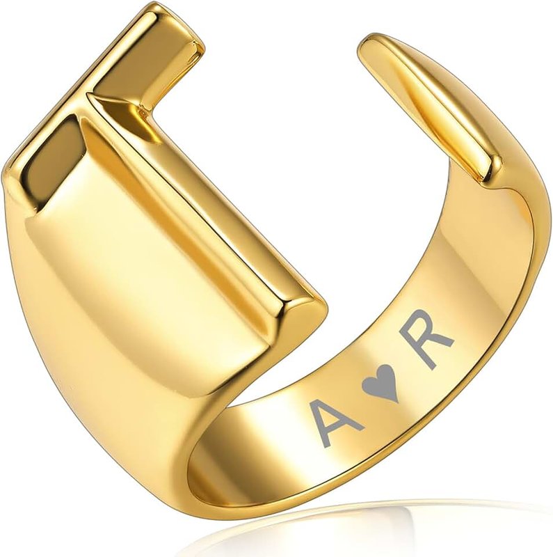 KeyStyle Bold Initial Letter Rings Adjustable, GoldChic Jewelry Women Gold Statement Ring Personalized Engraved Women’s Open Signet Ring for Party (Gold, White Gold, Black)