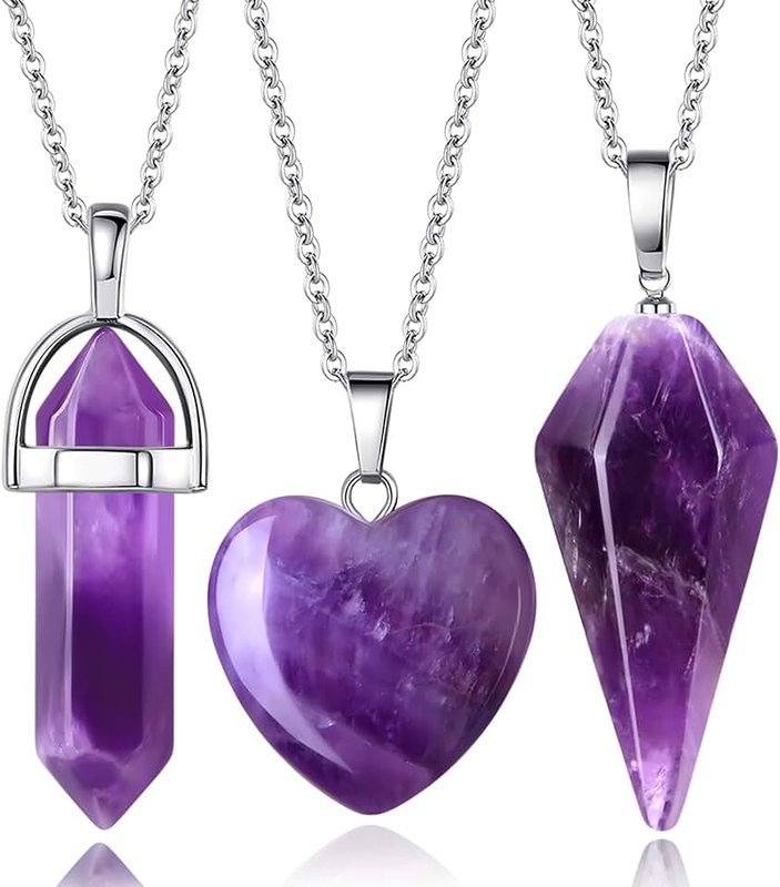 QINJIEJIE Natural Amethyst Necklace Pendant Crystals and Healing Stones Heart Love Real Gemstone Necklace for Women Trendy Meditation Holiday Women Gift 0.8"
