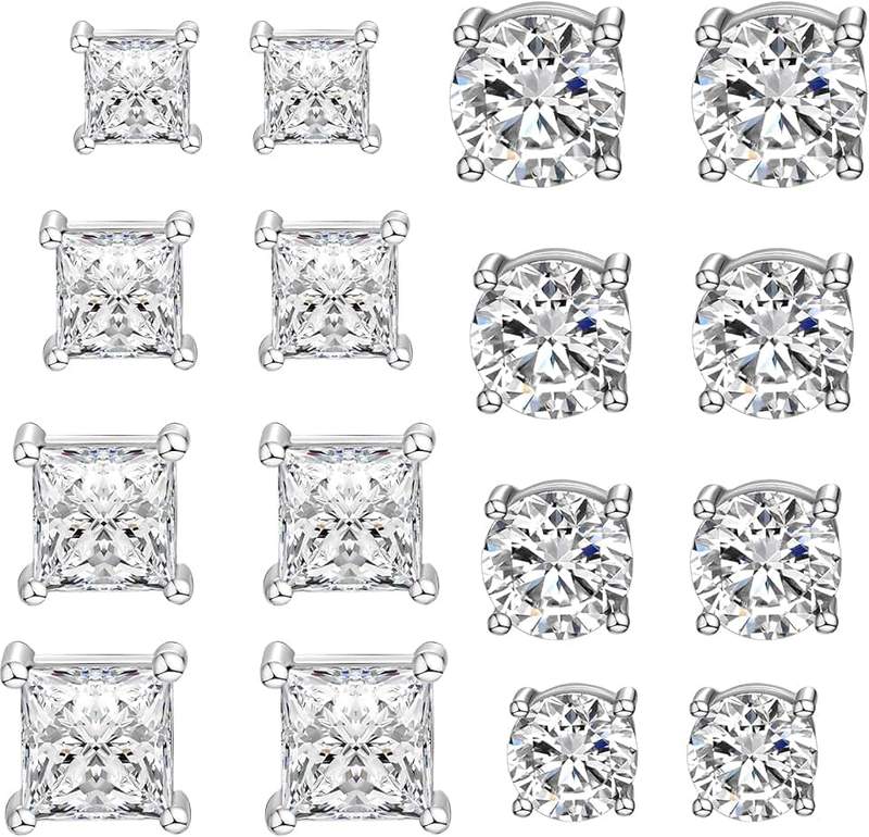 WAINIS 8 Pairs Stainless Steel Mens Womens Stud Earrings Non-piercing CZ 5-8mm