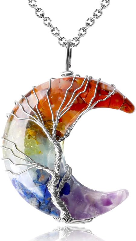 MAIBAOTA Tree of Life Wire Wrapped Crescent Moon Pendant Necklace Natural Resin Healing Crystal Stone Necklaces Reiki Quartz Gemstone Spiritual Jewelry for Women