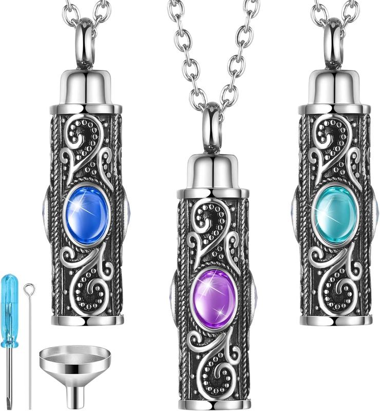 Jadive 3 Pcs Crystal Cremation Urn Necklace for Ashes Cremation Jewelry Ashes Necklace for Women Urn Pendant Chains Stainless Steel Memorial Keepsake Holder Jewelry Decor, 22 Inches Long