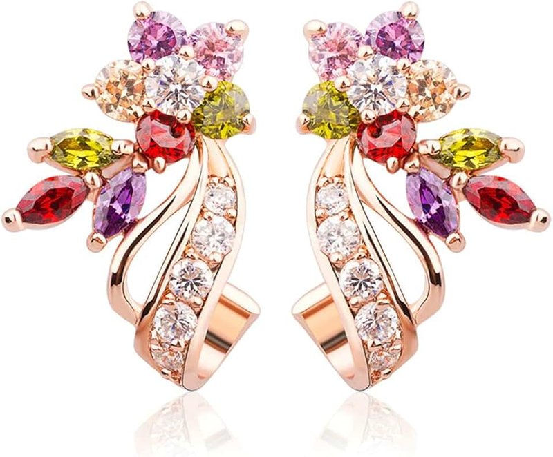 BISAER Rose Gold Plated Flower Stud Earrings Multicolor Cubic Zirconia Earrings for Women CZ Jewelry Gifts