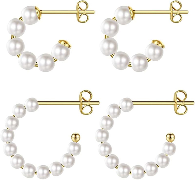 FAMARINE Gold Pearl Hoop Earrings for Women 14K Gold Plated Cute Dainty Pearl Hoops for Girls Jewelry Gift