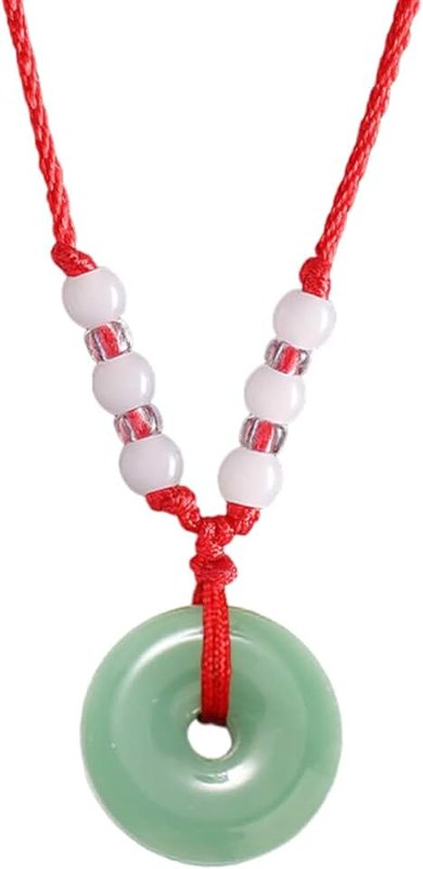 FORUBUS Traditional Jade Circle Red Rope Necklace Imitation Jade Donut Beads Pendant Necklace for Bring Fortune Luck Amulet Souvenir Gift Giveaways Jewelry