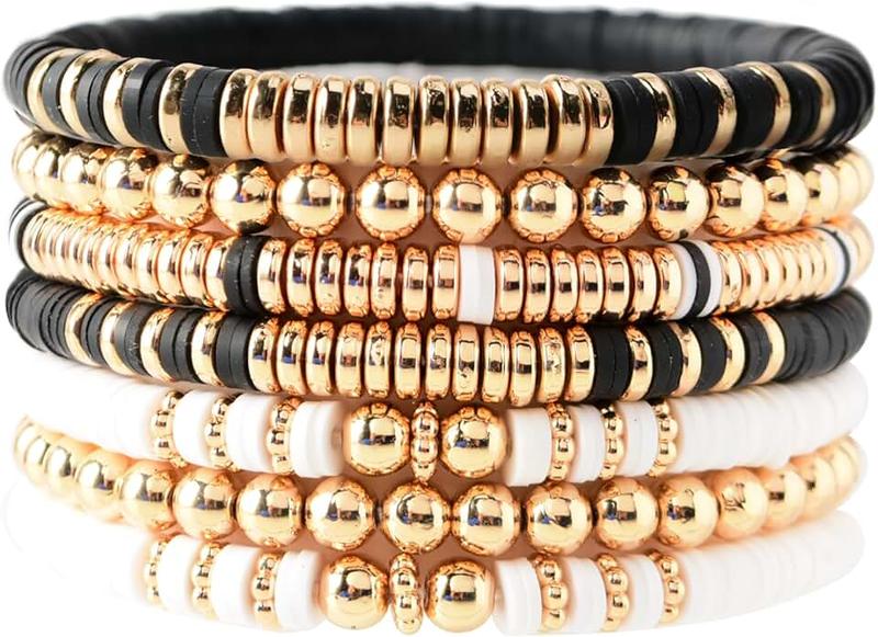 GOOJIDS Surfer Heishi Clay Bead Bracelets for Women Bohemian Stackable Gold Plated Beaded Stretch Bracelets Elastic Layering Friendship Bracelets Set Boho Jewelry