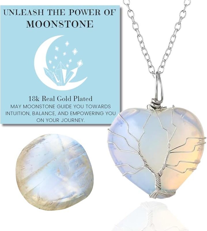 Halukakah Crystal Stones Women's Necklace Natural Moonstone/Pink Quartz/Amethyst Quartz/Obsidian/Jade Platinum Plated Brass Wire Handmade Wrap Tree of Life Moon/Heart Pendant 30 x 40 mm Chain 50 cm