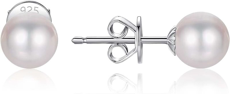 LUCKMORA Pearl Stud Earrings for Women 925 Sterling Silver Sensitive Genuine White Real Round Freshwater Cultured Pearls Everyday Earrings Studs Ladies