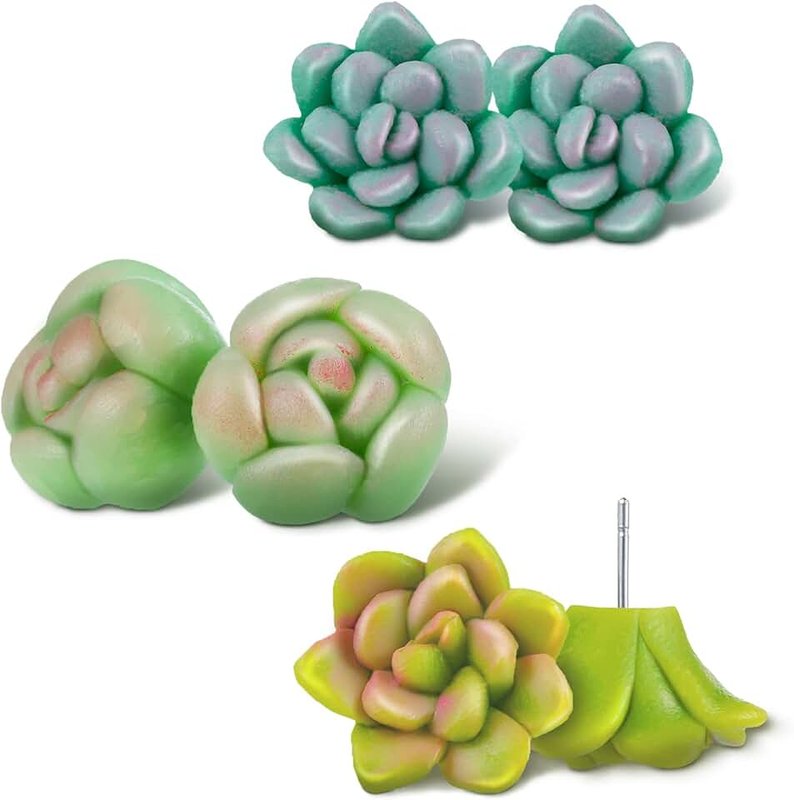 Kenning Plant Earrings 3 Pairs Succulent Earrings Handmade Succulent Jewelry Botanical Floral Stud Earrings Polymer Clay Succulent Stud Earrings for Women Girls