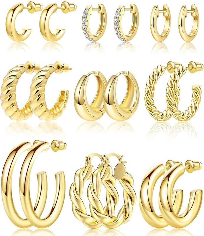 adoyi Gold Hoop Earrings Set for Women 14K Gold Plated Chunky Hoops Twisted Huggie Hoop Earrings for Girls Gift Lightweight