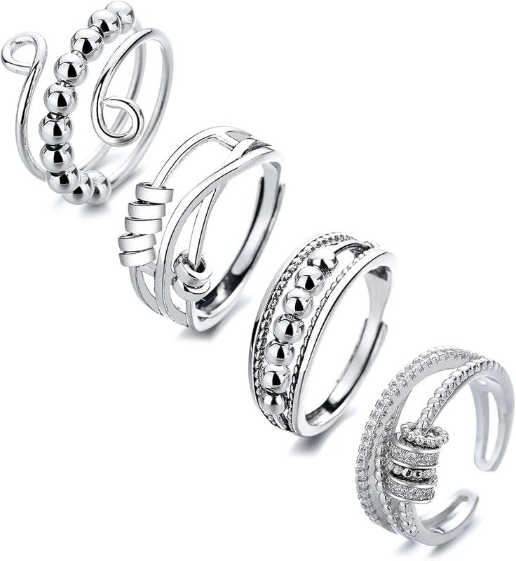BOMAIL 4PCS Fidget Spinner Rings for Women Open Spinning Kunckle Stackable Rings Adjustable Stainless Steel Rings