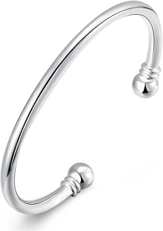 WDIYIEETN 925 Sterling Silver Bangle Bracelet Fashion Simple Open Bangles Two Bead Cuff Jewelry for Men Women, Sterling Silver