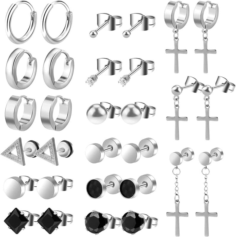 ONESING 10-15 Pairs Earrings for Men Black Stud Earrings Mens Earrings Stainless Steel Earrings for Men Women Jewelry Piercing Men Earrings Set, Stainless Steel, not known