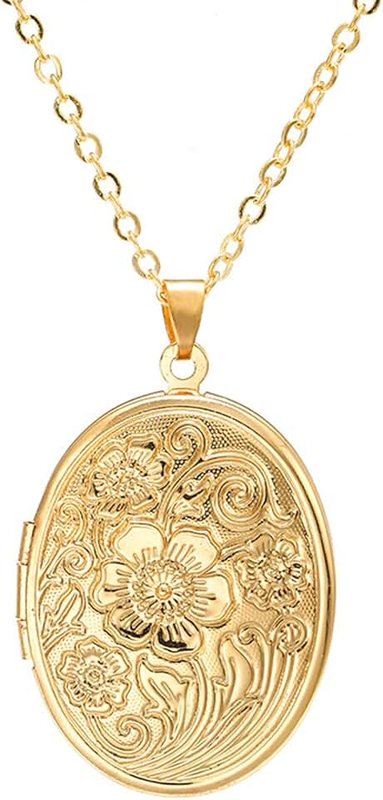 Caiyao Vintage Engraved Flower Empaistic Photo Locket Hold Picture Oval Round Pendant Necklace Antique Carved Pattern Souvenir Memorial Clavicle Jewelry for Women
